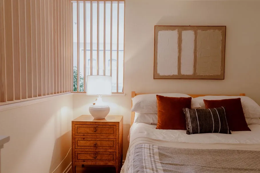 Warm bedroom with velvet pillows
