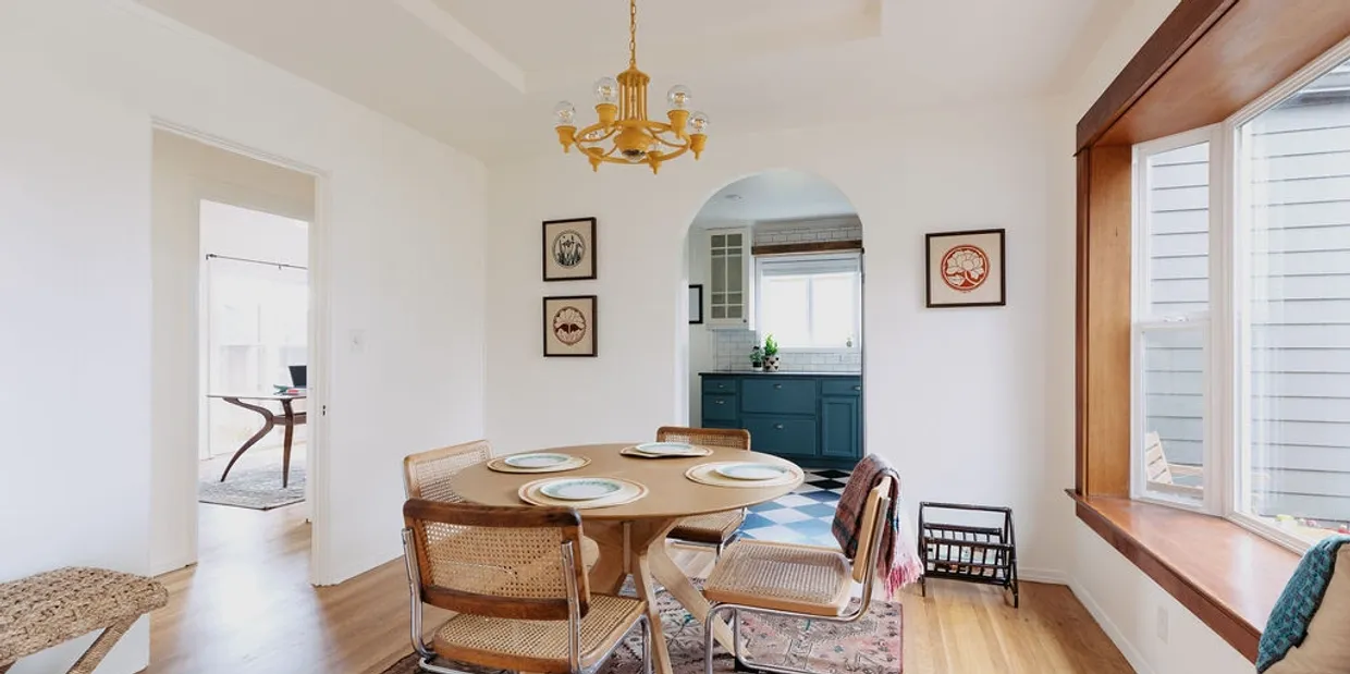 Bright dining room with vintage chandelier